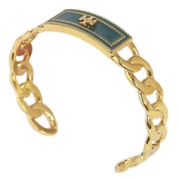 TORY BURCH • Green Milgrain Logo Cuff Bracelet - Picture 4 of 5